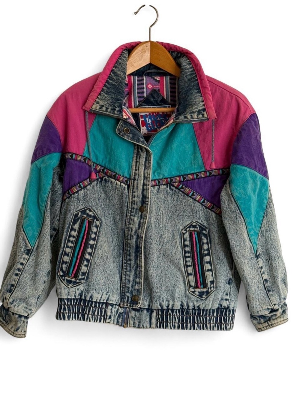 Faded Glory Acid Wash Denim Jacket with Pink, Teal & Purple Panels